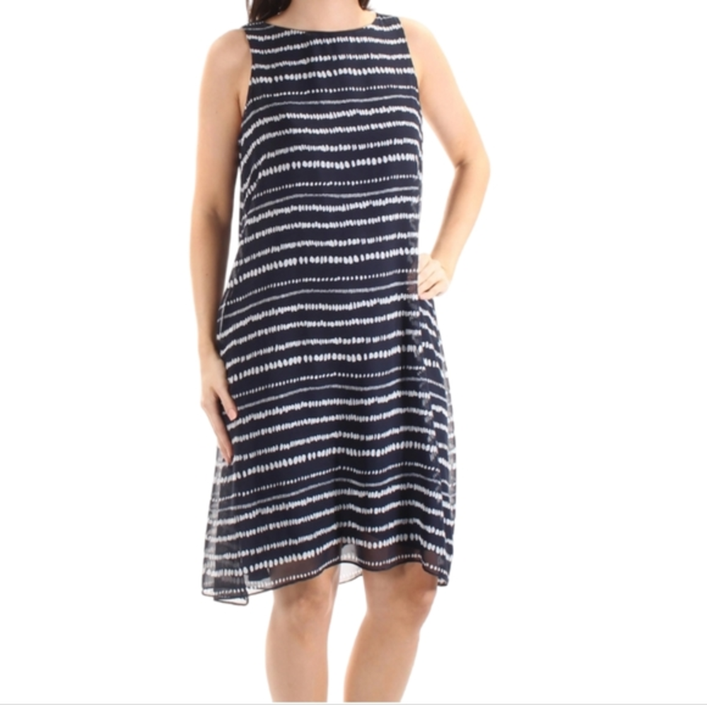 LAUREN Ralph Lauren Sleeveless Chiffon A Line Dress Printed Georgette 2 Navy NWT